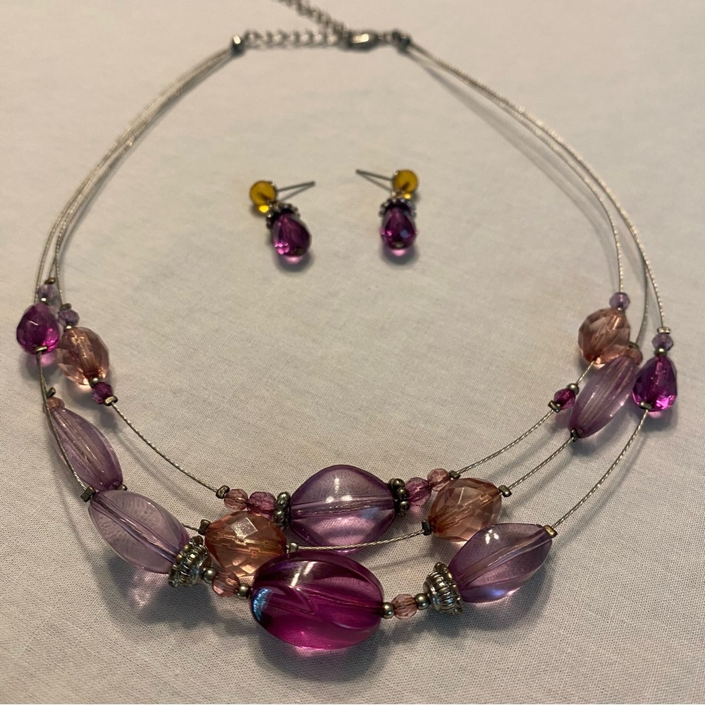 Purple and Pink Beaded Necklace and Earring Set